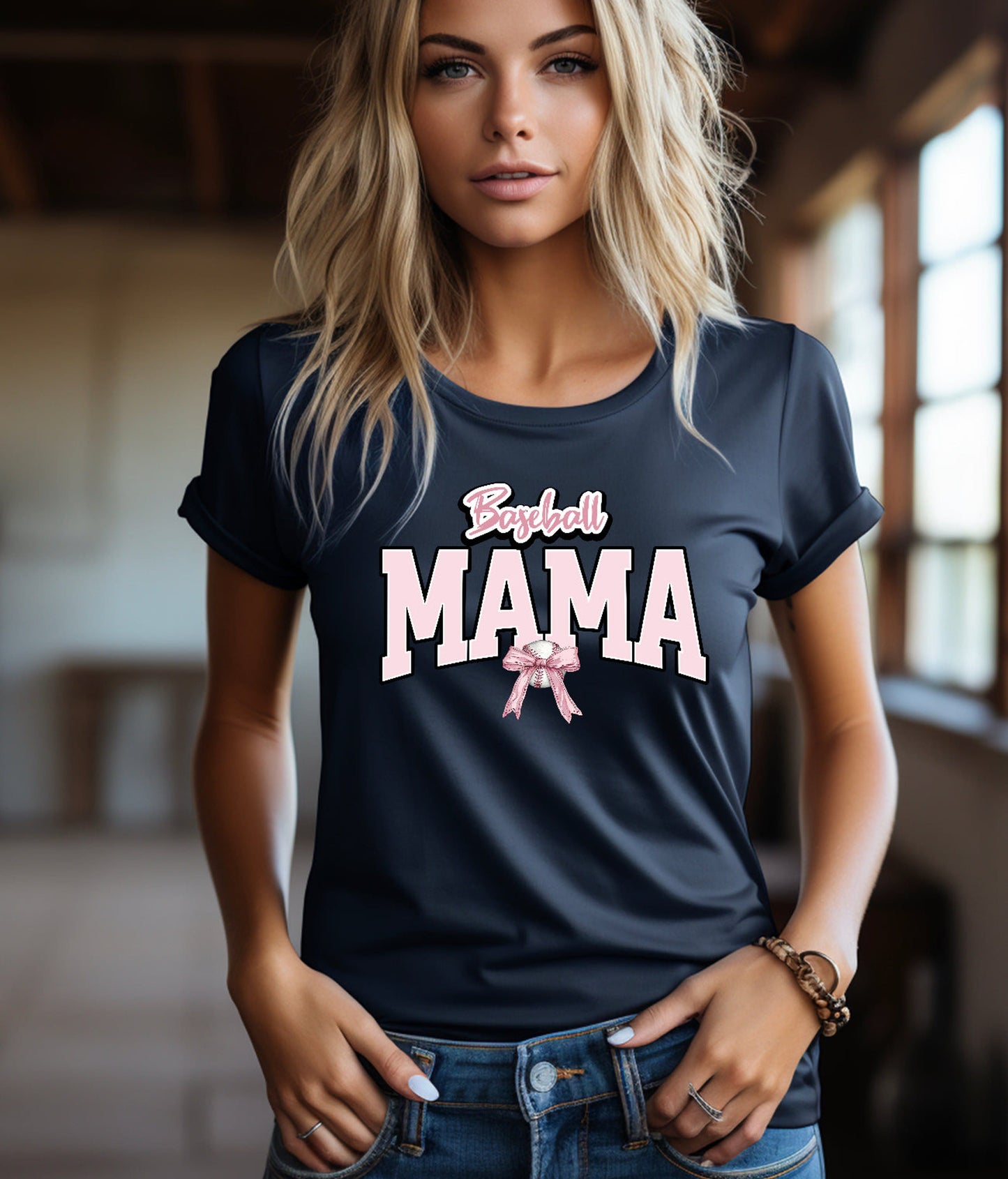 Baseball Mama with Bow  Clear Screen Print Hot  